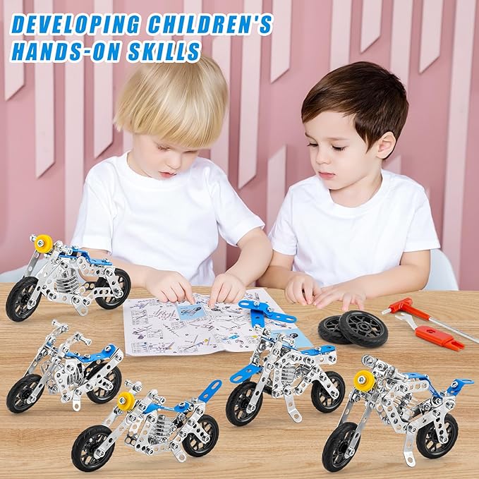 Building Kit Model Motorcycle Set, 5 in 1 Metal Motorbike STEM Project Building Toys for Kids Ages 8-12, DIY Assembly Metal Motorcycle Toys Model Gift