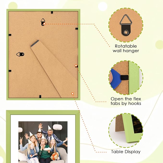 FIXSMITH 8x10 Picture Frame Set of 2, Green Photo Frame with HD Plexiglass, Display Pictures 5x7 with Mat or 8x10 Without Mat Multi Picture Frames Collage for Tabletop or Wall Display