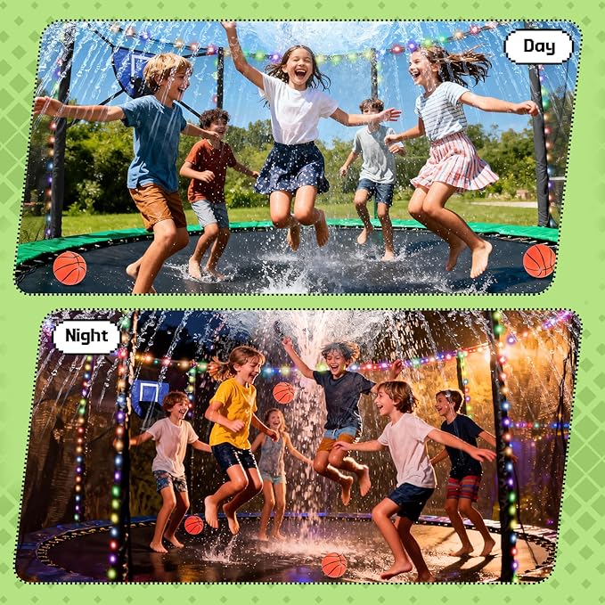 Trampoline Accessories Kit, Basketball Hoop with 3 Mini Basketballs, 52FT Solar Lights Fit 8 10 12 14 15 16FT Trampoline Outdoor 8 Lighting Modes, Trampoline Accessories Kit with Sprinkler & Shoe Bag