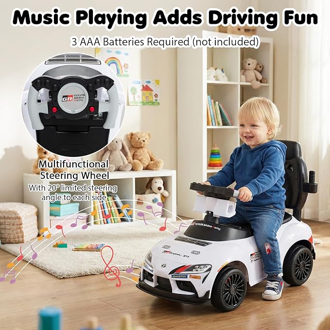 Costzon Push Car for Toddlers, 3 in 1 Toyota Licensed Stroller Sliding Walking Car w/Handle, Music, Safety Guardrail, Under-Seat Storage, Foot-to-Floor Kids Ride On Toys for Boys Girls (White)