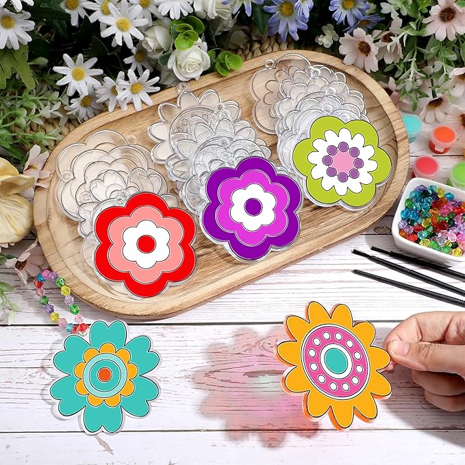30 Sets Flower Suncatchers Window Art Kits, Spring DIY Sun Catchers Crafts Paint Your Own Window Ornaments for Boys Girls Classroom Home Birthday Activity Party Decor(Flower Style)
