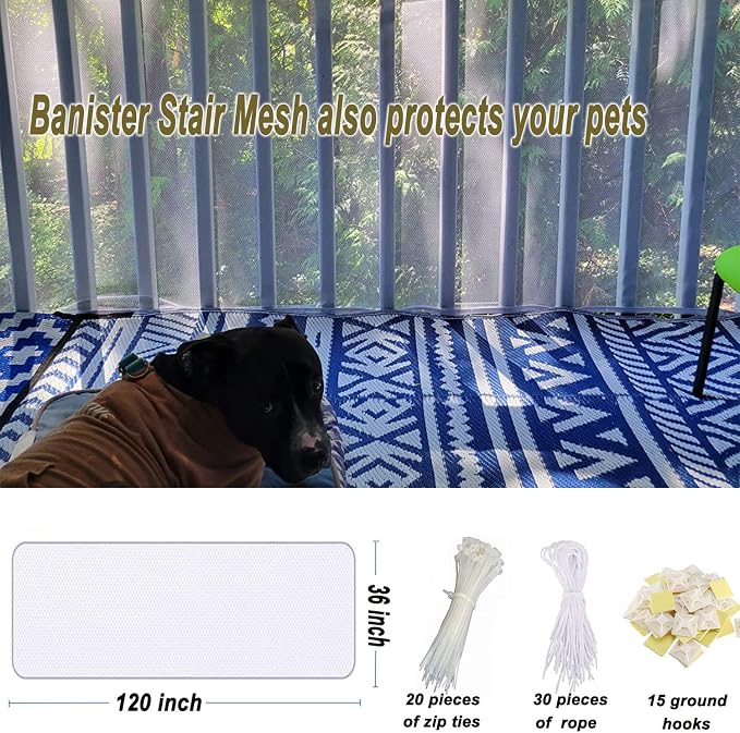 Banister Guard & Balcony Netting - 10ft x 3ft, Stair Rail Net for Baby & Small Pets - White