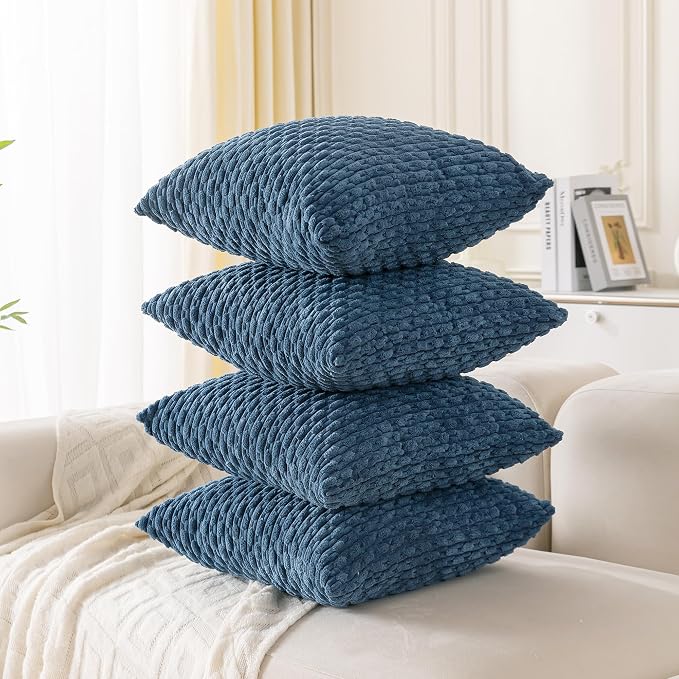 Set of 4 Blue Decorative Throw Pillow Covers 20x20 Inch Corduroy Pillow Covers for Bed Couch Sofa Living Room Soft Square Cushion Cases