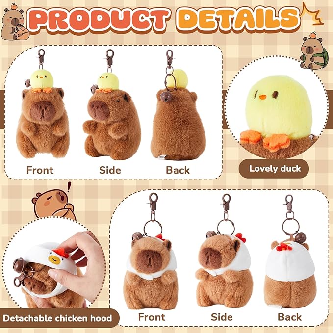 2 Pcs Capybara Plush Keychain Capybara Stuffed Animals Plush Pendant for Christmas Gifts Exchange Birthday Party(White Hat, Duck)