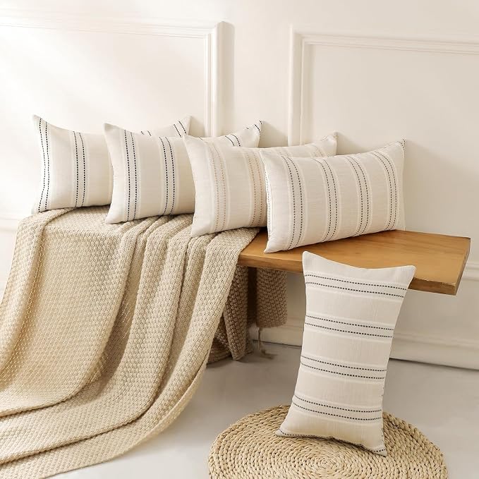 Hckot Stripe Throw Pillow Covers 12x24 Lumbar Khaki Farmhouse Pillow Covers | Modern Decorative Pillows Textured Linen Cushion Covers for Sofa Couch Bed Living Room Decor