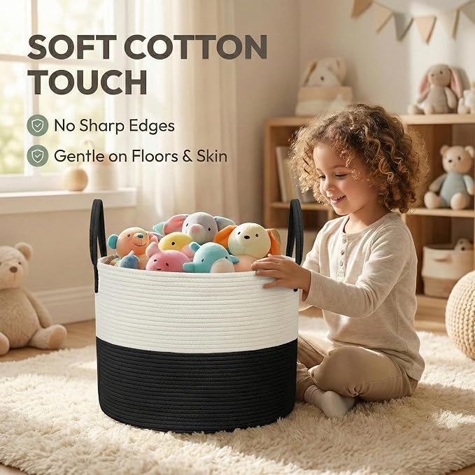 JMvicyroam 115L Extra Large Machine Washable Cotton Rope Blanket Basket | Collapsible laundry hamper, Reinforced handles, For blankets, pillows, toys and clothes, Living room and bedroom, White&Black