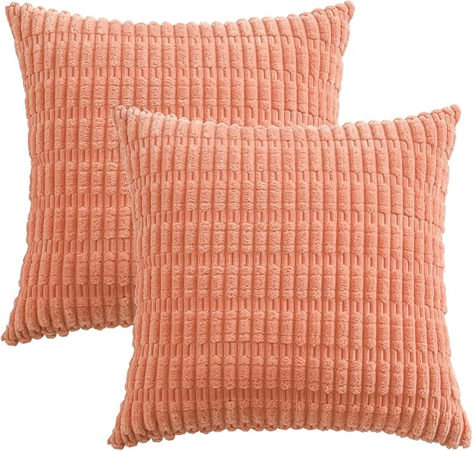 Volcanics Pack of 2 Corduroy Decorative Coral Throw Pillow Covers 18x18 | Soft Striped Square Cushion Cases, Modern Farmhouse Boho Home Decor