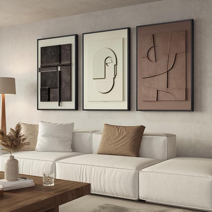 Large 3D Framed Abstract Wall Art Set, 3 Piece Modern Artwork for Walls | Solid Wood Frames, Textured Paintings, Black White Brown Neutral Tones, Living Room Dining Bedroom Office Pictures Wall Decor
