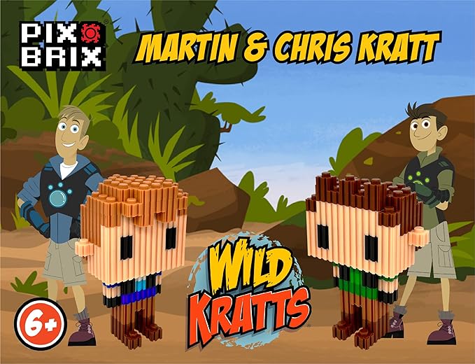 Pix Brix - Wild Kratts Toy Pixel Art Kit - Kratt Brothers Figures, 329 Pieces - Patented Slide + Stack Pixel Puzzle Building Bricks, Create Martin & Chris Figures - Stem Toys, Ages 6 Plus