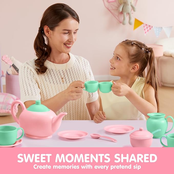 JOYIN 18PCS Pretend Tea Party Set, Plastic Tea Set, Mini Kitchen for Kids, Gifts for Toddler Boys Girls Ages 3 4 5 6 Years Old, Easter Birthday Gifts