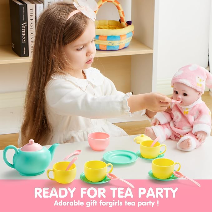 JOYIN 18PCS Pretend Tea Party Set Play Food Accessories BPA Free, Phthalates Free, Plastic Tea Set, Mini Kitchen for Kids, Gifts for Toddler Boys Girls, Easter Birthday Gifts