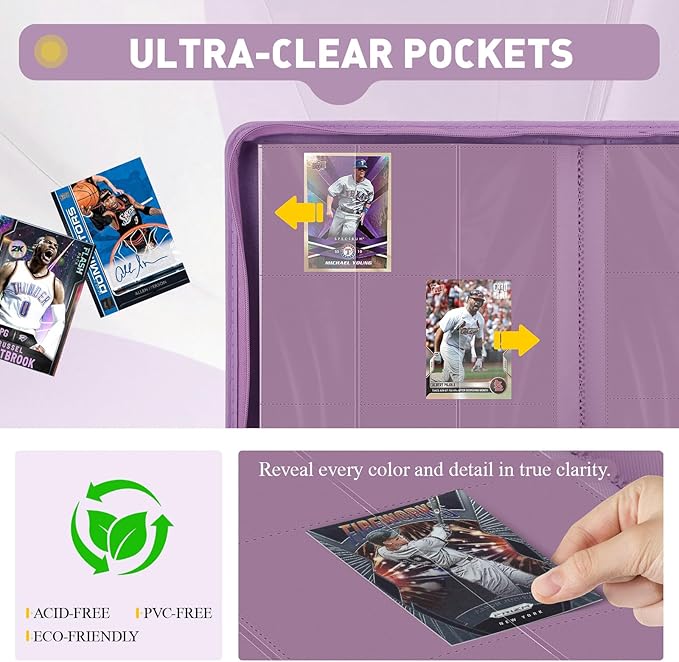 Trading Card Binder 9 Pocket - 180 Cards Capacity, Side Loading Card Album with Zipper Closure, Card Collection Holder for TCG, Game Cards, Sports Cards, Yugioh（Purple）