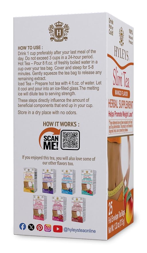 Hyleys Slim Tea Mango Flavor - Weight Loss Herbal Supplement Cleanse and Detox - 25 Tea Bags (12 Pack)