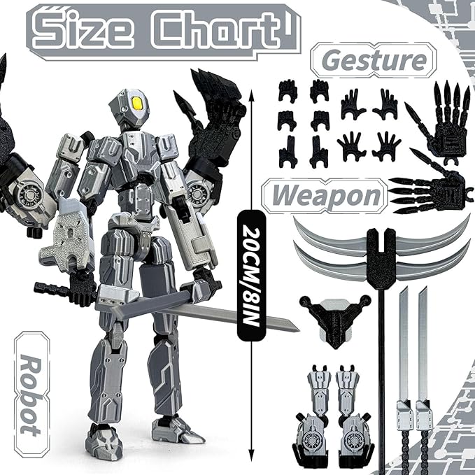 8Inch T13 Action Figure Assembly Completed,3D Printed Multi-Jointed Movable Toy Nova 13 Action Figures Desktop Decorations for Game Lovers Toy (Grey)