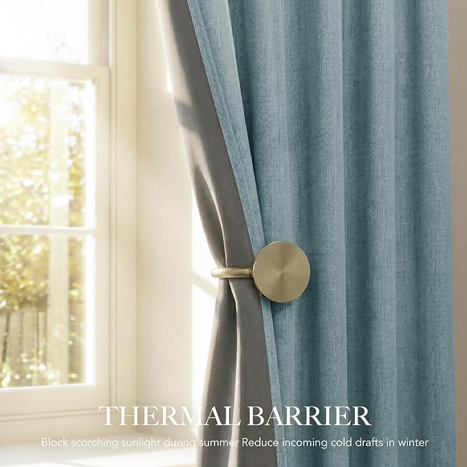 NICETOWN 100% Blackout Skylark Blue Linen Curtains 90" Length with Thermal Insulated Liners, Farmhouse Style Room Cooling Small Window Draperies for Dining Room (2 Panels, 52" W)