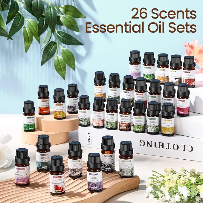 Nuanchu 26 Pcs Essential Oil Set for Humidifiers and Diffusers 10ml Fragrance Aromatherapy Oils Kits Fruity Candle Making Supplies for Soap Making Scents Summer Home Skin Care DIY Massage Laundry
