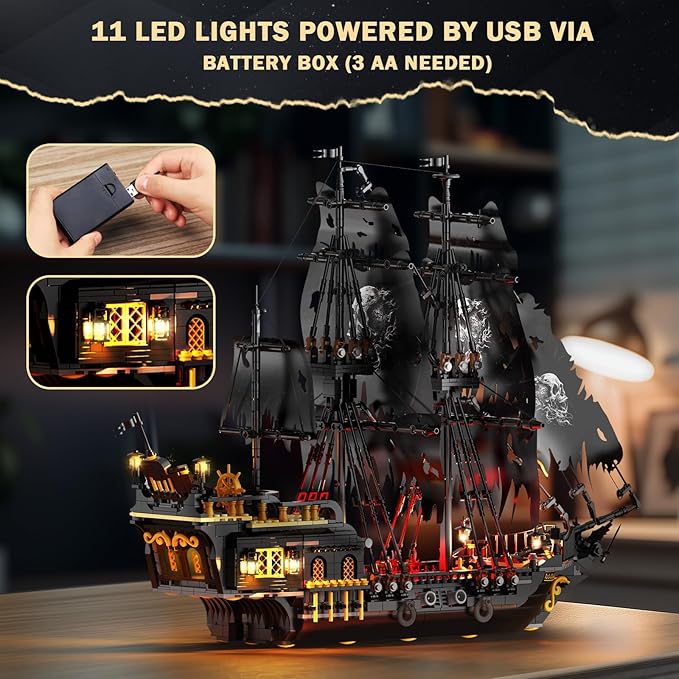 JMBricklayer Pirate Ship Building Toys with Lights, Pearl Pirate Ship Model Boat Kit 40002, Black Ship Toy Building Sets for Adult Teens 14+, Home Office Decor(1713 PCS) New Upgrade