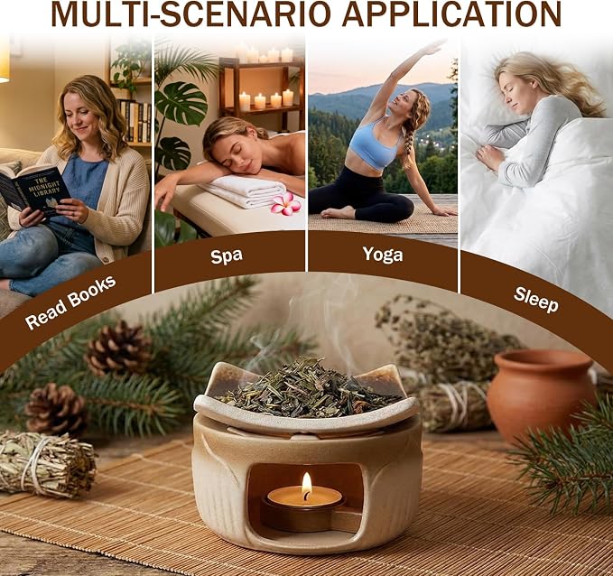 Handmade Ceramic Aromatherapy Diffuser | Herb Burner & Candle Wax Warmer with Tealight Holder, Home Fragrance Accessories forRelaxation & Meditation（3.15*2.95*2.95）