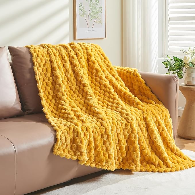 NEWCOSPLAY Super Soft Throw Blanket Mustard Yellow Premium Silky Flannel Fleece 3D Clouds Stylish Jacquard Lightweight Bed Blanket All Season Use 350GSM (Mustard Yellow, Throw(50"x60"))