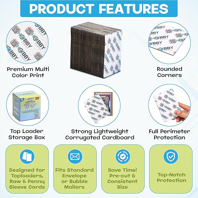 50 Pack Trading Card Shipping Protector by Hobby Armor, 3.5" x 4.5" with Rounded Corners, Vibrant Multi-Color Card Protector to Guard Cards from Dings, Premium Lightweight Cardboard Shipping Supplies