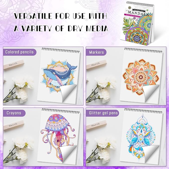 3Pcs Adult Coloring Book Spiral Bound, Mandala Coloring Book for Adult Relaxation, Original Design with 72 Patterns, Thick Paper One Sided Design, Hand-Drawn Design, Anxiety Relief Mindfulness Gifts