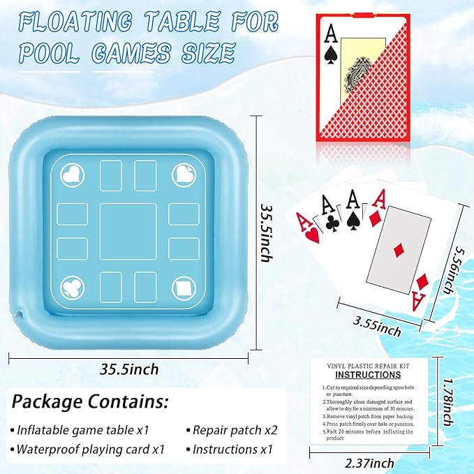 Floating Table for Pool Game with Waterproof Playing Cards, 35.5 x 35.5 in Floating Card Table for Pool, Inflatable Floating Pool Game Table for Adults Family Party (Blue)