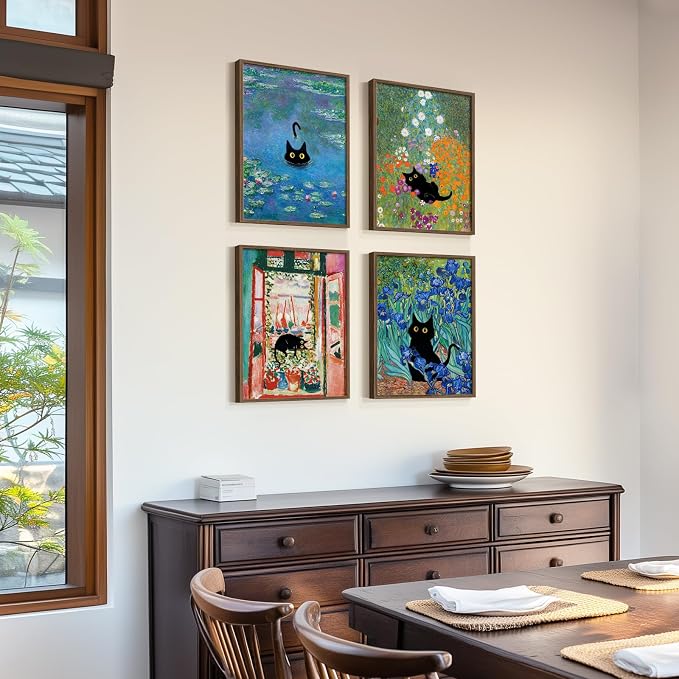 Framed Cat Bathroom Wall Art, 4 Piece Funny Cute Black Cat in Water Lilies Canvas Painting Prints Artwork, Garden Flowers Monet Cat Aesthetic Pictures for Bedroom Kitchen Living Room Home Decor, 11x14