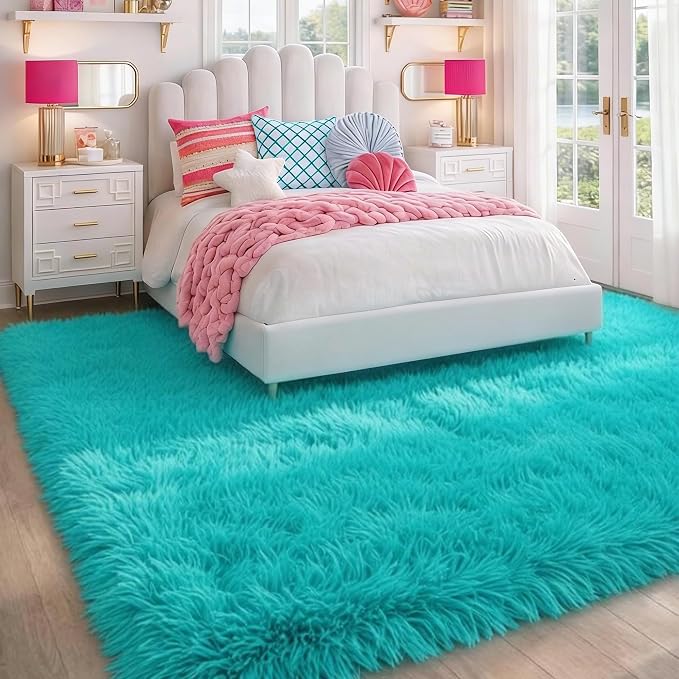 PAGISOFE Teal Rug Fluffy Shag Area Rugs for Bedroom Boys 5x7 Soft Fuzzy Shaggy Rugs for Living Room Nursery Carpet Indoor Floor Dorm Boys Girls Dorm Plush Kids Rug for Room Decor Aesthetic