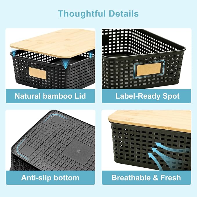 4 Pack Plastic Storage Bins with Bamboo Lids, 6.2qt Stackable Storage Organizer Box with Lable for Pantry Shelves Drawers Desktop Office, 12"L x 8.3"W x 3.5"H, Black