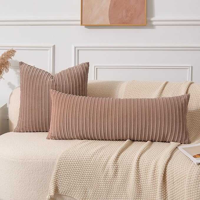 UGASA 14x36 Inch Pillow Cover Pack of 1 Soft Boho Stripe Corduroy Large Long Rectangle Lumbar Cushion Case Farmhouse Decorative Throw Pilowcase for Bed, Couch, Sofa, Bedroom, Living Room, Light Brown