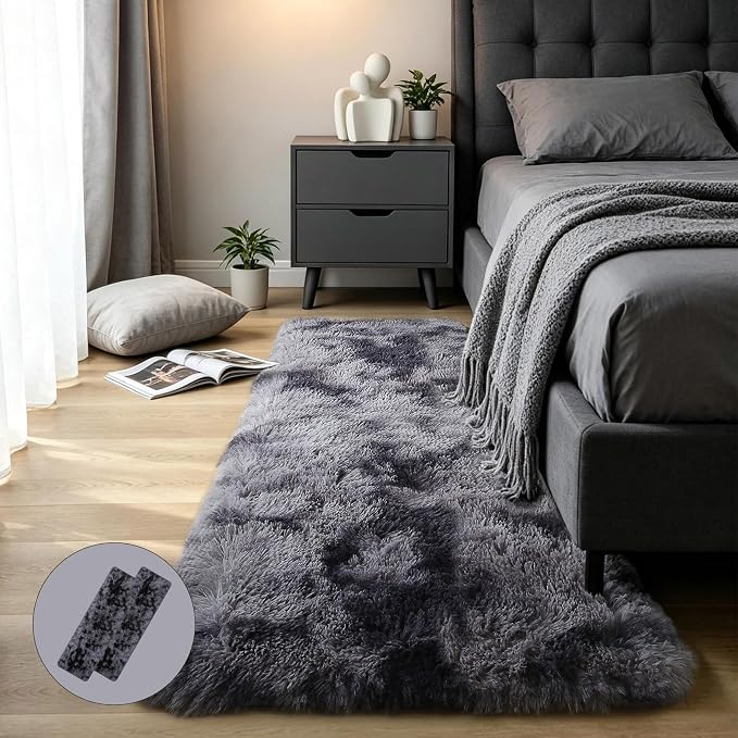 Dark Grey Fluffy Shag Rug 2x6, 2 Pcs Soft Plush Fuzzy Washable Non Slip | Modern comfy furry shaggy carpet for living room, bedroom, kids room, nursery, dorm, and baby