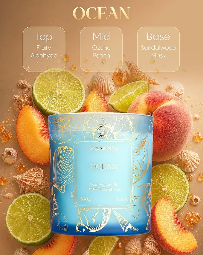 M&SENSE Ocean Soy Candle, 8.1oz Gilded Glass, Summer Fresh Aromatherapy | 42H Slow Burn, Soy Wax, Bathtub Home Fragrance, Non-Toxic, Warmer Lamp Safe