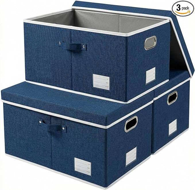 Storage Bins with Lids [3-Pack] Linen Fabric Foldable Storage Boxes Organizer Containers Baskets Cube with Cover for Bedroom Closet Office Royal Blue(23.4X15.9X11.4)