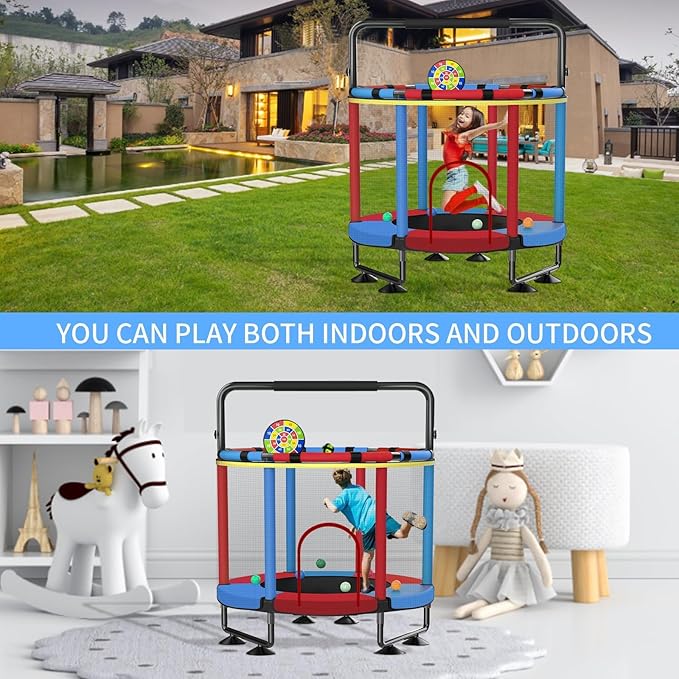 Trampoline for Kids, Upgrade Full Anti-Rust 440lbs Indoor Outdoor Toddler Trampoline with Net, 55" Adjustable Baby Toddler Trampolines Accessories Dart Board