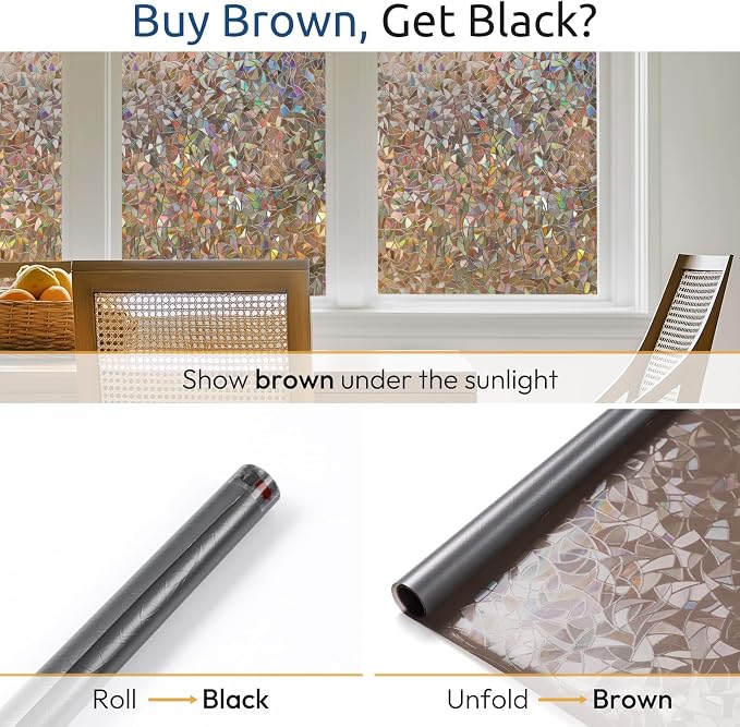 rabbitgoo Rainbow Window Privacy Film, Stained Cling, Brown, 17.5" x 118.1" | Decorative Static Sticker, Non-Adhesive Reusable Window Tint, Heat Control UV Blocking Coverings for Home Doors, Living Room