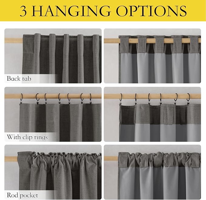NICETOWN 100% Blackout Grizzle Gray Curtains 90 inches Long for Bedroom, Thermal Insulated Living Room Curtains with Gray Liner, 2 Panels, 52" W, Farmhouse Style Thick Linen Blend Window Draperies