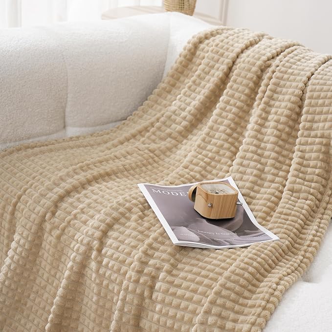 Puncuntex Fleece Throw Blanket Khaki 60"×80" with Square Grid Design | Super Soft Plush Cozy Flannel Throw Blanket Luxury for Couch Sofa Chair