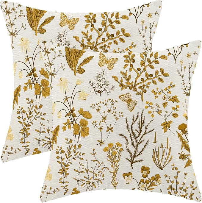 AEIOAE Summer Pillow Covers 20x20 Inch Set of 2,Mustard Yellow Wild Flower Plant Throw Pillows Case,Seasonal Floral Outdoor Decorative Square Linen Farmhouse Decor Cushion Covers for Home Couch