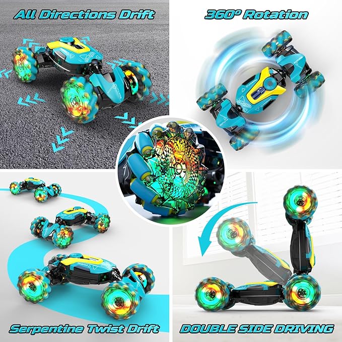 DEERC Gesture Sensing RC Stunt Car with Fog Mist & Music, 4WD Hand Controlled Remote Control Drift Car Toy for Kids, All Terrain Off-Road Double-Sided Driving with Lights, Birthday Gift for boy