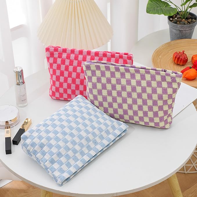 Cosmetic Bags for Women - Corduroy Cosmetic Bag Aesthetic Women Handbags Purses Smile Dots Makeup Organizer Storage Makeup Bag Girls Case Bags (Q-Checkered Rose pink)