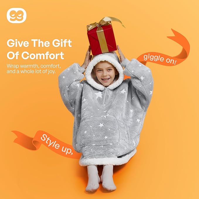 Giggling Getup Glow in The Dark Wearable Blanket Hoodie for Girls and Boys Warm Cozy Sherpa Fleece Hooded Blanket Sweatshirt Oversized Hoodie with Giant Pocket & Sleeves for Kids Cat