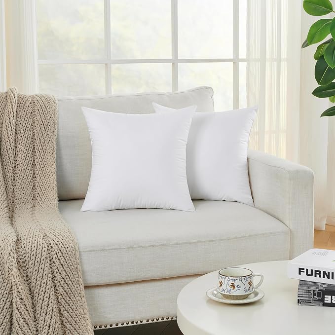Longhui bedding White Throw Pillow Inserts 18x18 Set of 2, 100% Cotton Cover with Polyester Fill, 2-in-1 Use as Stuffers or Standalone Decor for Couch, Bed, Living Room, Outdoor
