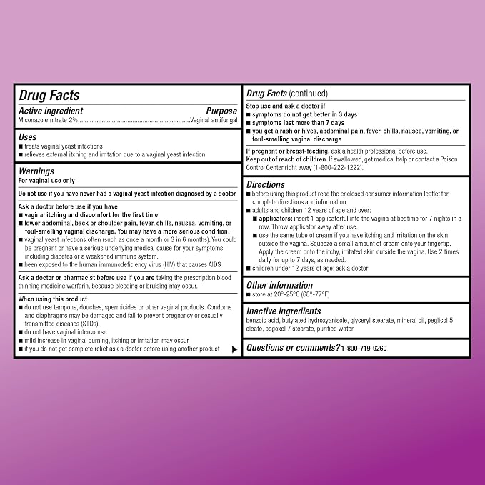 Amazon Basic Care Miconazole 7, Miconazole Nitrate Vaginal Antifungal Cream 2 Percent, 7-Day Yeast Infection Treatment for Women, Relieves Itching and Irritation, 1.59 ounce