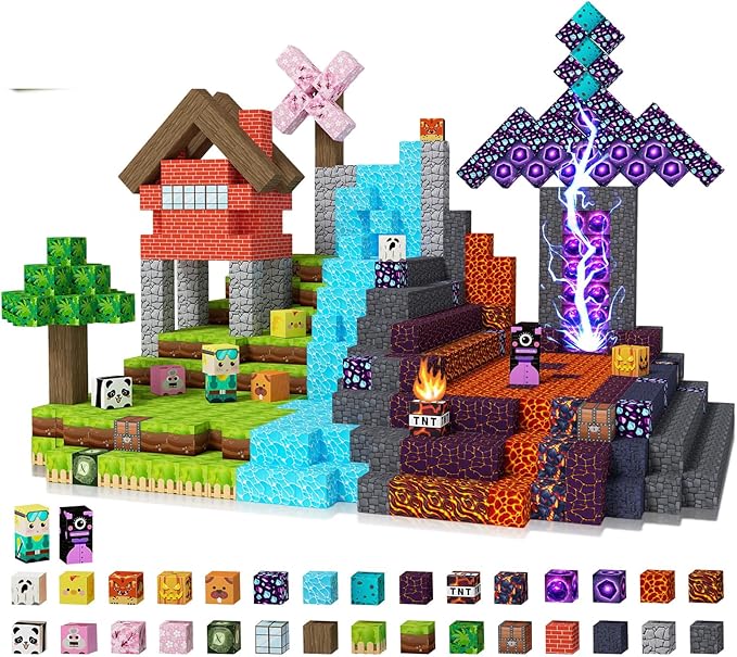 JOMBY 208 PCS Magnetic Blocks - Forest & Volcano Adventure Set, Magnetic Building Blocks Cubes, STEM Sensory Educational Magnet Stacking Toys Boys and Girls Age 3+ Years Old