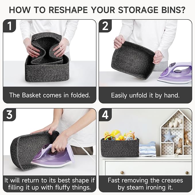 3 Pack Small Storage Baskets for Organizing, 11.8×7.8×5.1", Mixed Black | Woven Baskets for shelves, Cotton Rope Basket for Gifts Empty, Closet Organizer Bins with Handles, Cube Decorative Box