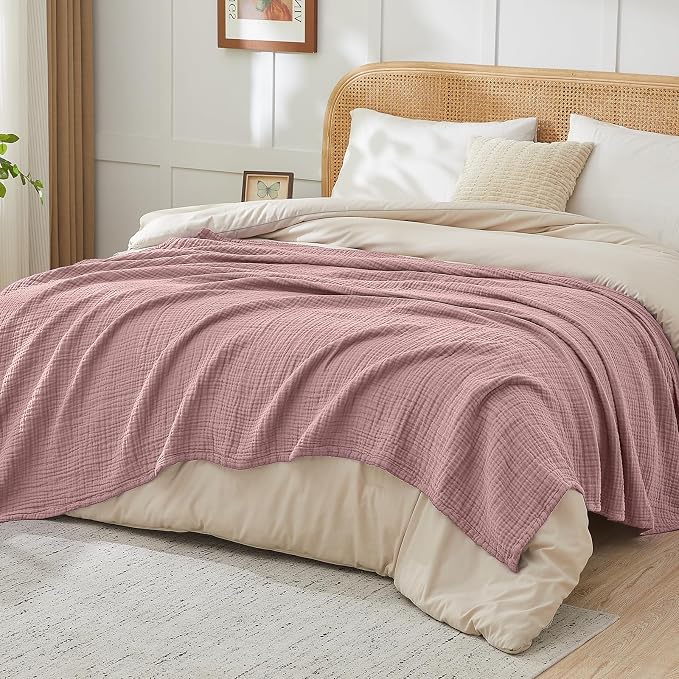 EMME Muslin Blankets for Adults Throw Blanket for Couch Breathable Gauze Soft Lightweight Airy Dusty Pink King 108" x 90"