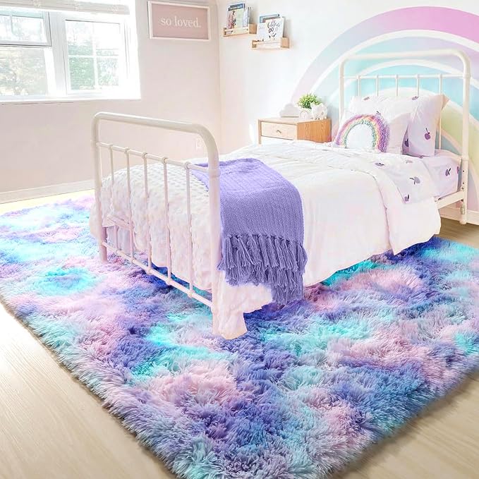 PAGISOFE Cute Kawaii Rugs for Girls Bedroom, 5x8 Rainbow Purple Area Rug, Soft Fluffy Shag Rug for Girls Room Baby Kids Playroom Nursery Classroom Plush Furry Mermaid Rug, Fuzzy Pastel Colorful Carpet