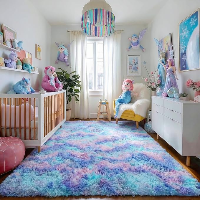 Amdrebio Blue Purple Rainbow Rugs for Bedroom Girls Room Decor, 5x7 Fluffy Cute Area Rugs for Kids Room Playroom Nursery Dorm, Shag Throw Mermaid Fuzzy Carpet, Plush Kawaii Furry Baby Toddler Rug