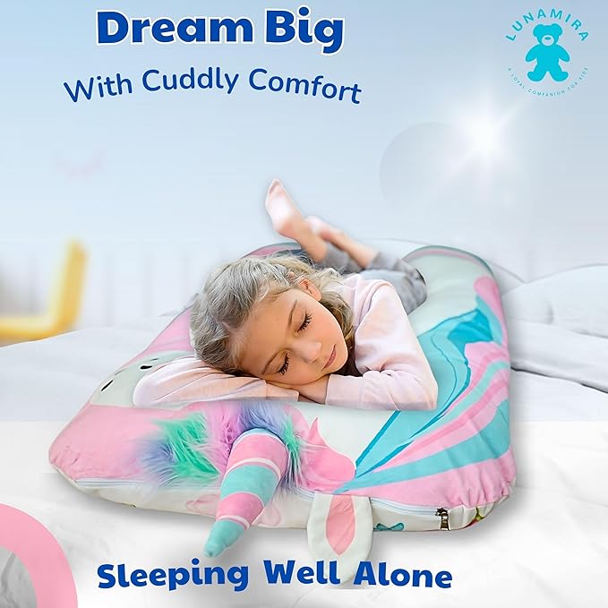 LUNAMIRA Unicorn Kids Body Pillow - 47" U-Shape Long Plush Soft Animal Pillow for Toddlers, Sleeping, Reading, ADHD & Special Needs Comfort, Anxiety, Washable Cover, Snuggle Cuddle for Boys & Girls