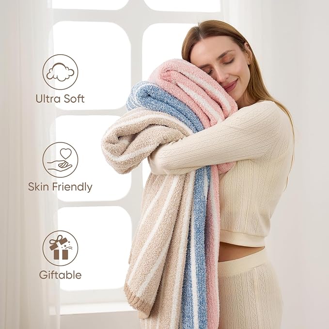 Snuggle Sac Ultra Soft Blue Throw Blanket for Couch, Reversible Cozy Knitted Ribbed Blankets, Fuzzy Knit Striped Throws for Sofa, Bed, Home Decor, Blue 50"x60"